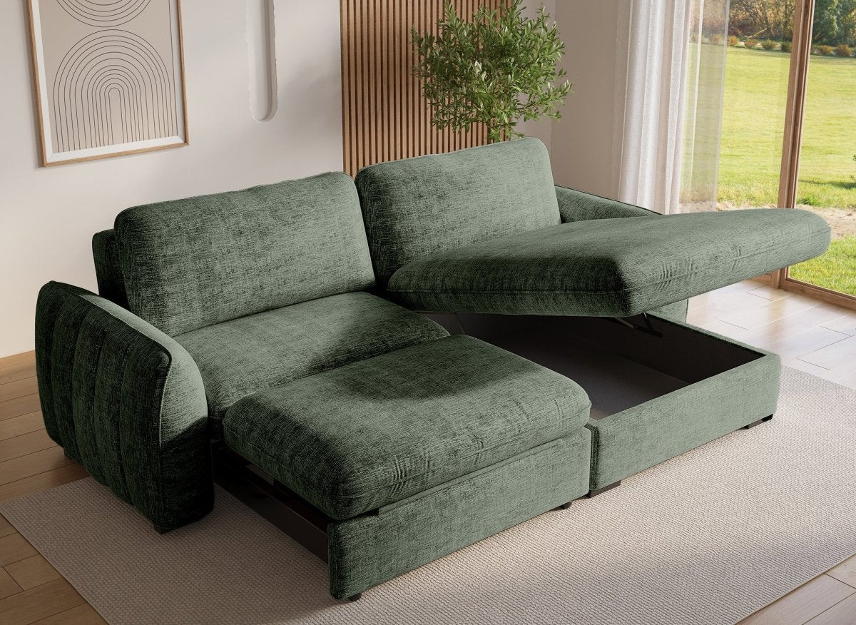 Canapé d'angle convertible et réversible avec coffre en velours chiné vert kaki LIORA - Image 2