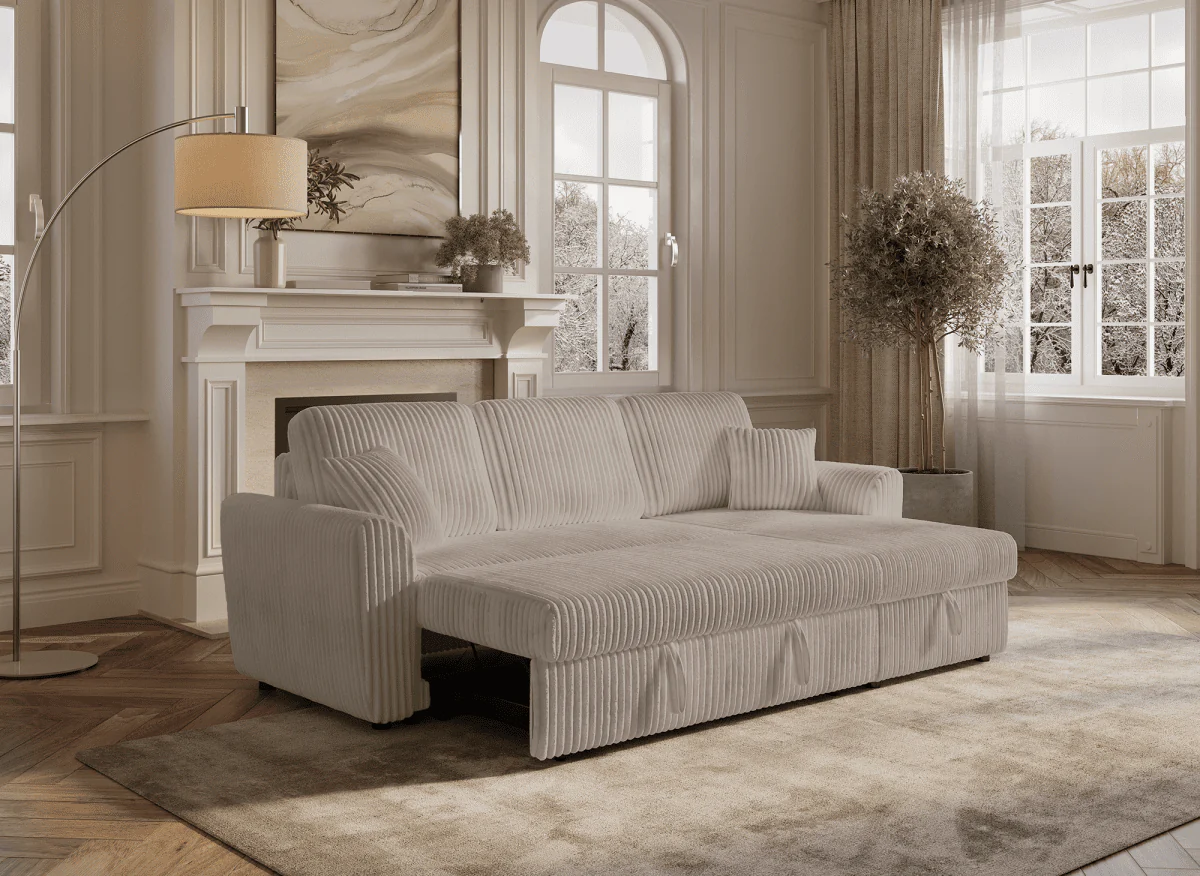 Canapé d'angle convertible et réversible avec coffre en velours côtelé épais taupe ADRYEN - Image 3