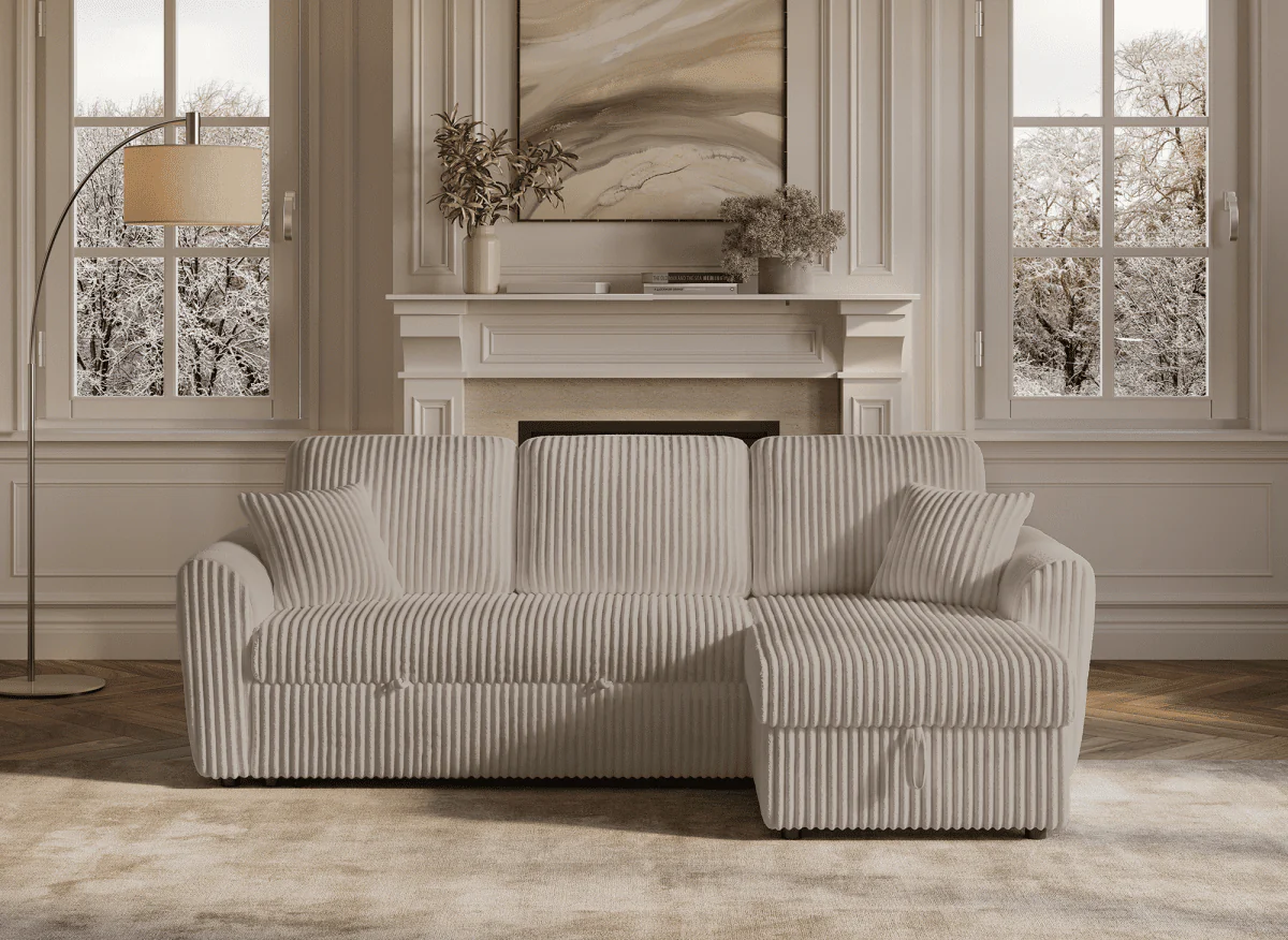 Canapé d'angle convertible et réversible avec coffre en velours côtelé épais taupe ADRYEN - Image 4