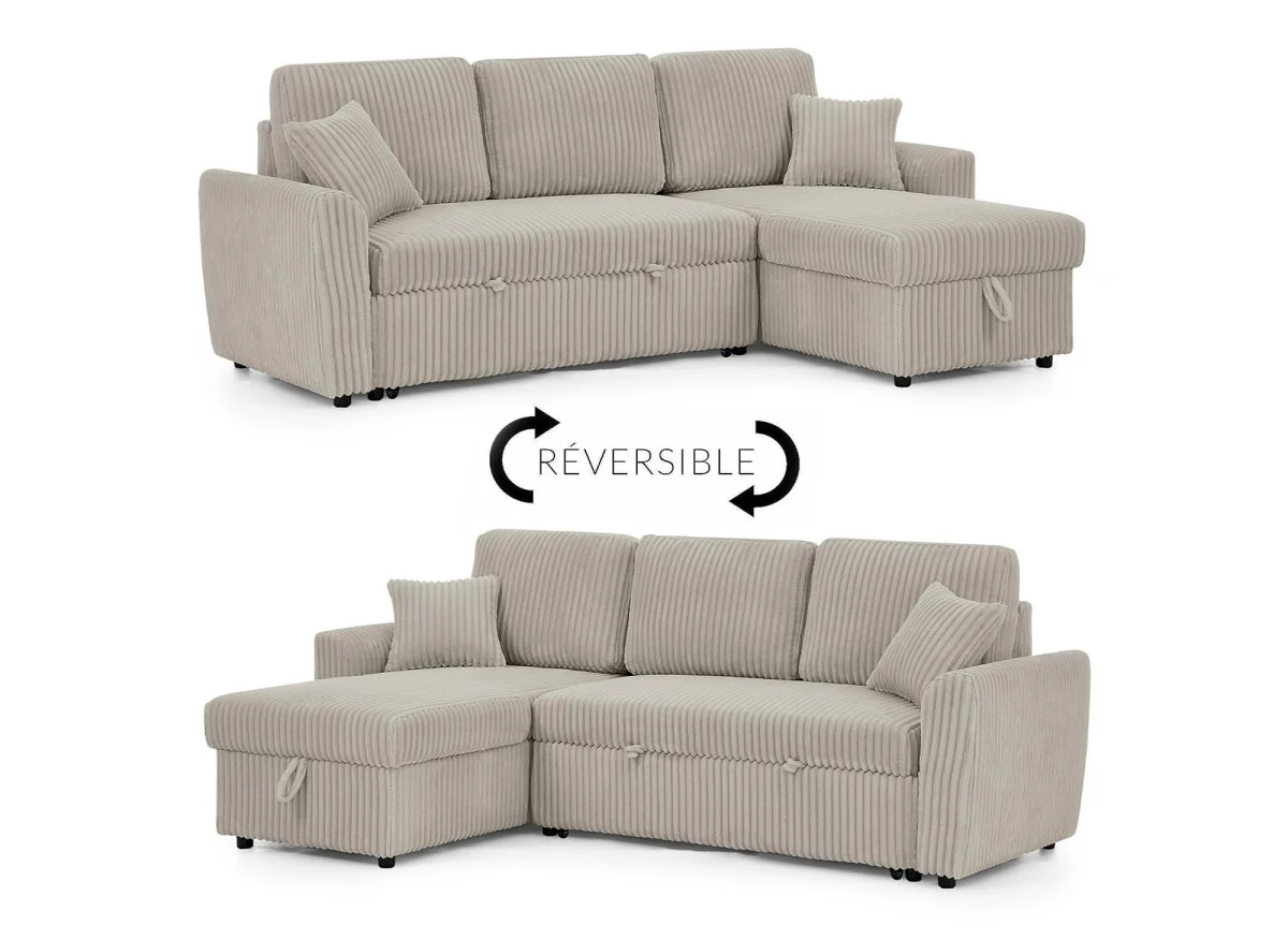 Canapé d'angle convertible et réversible avec coffre en velours côtelé épais taupe ADRYEN - Image 6
