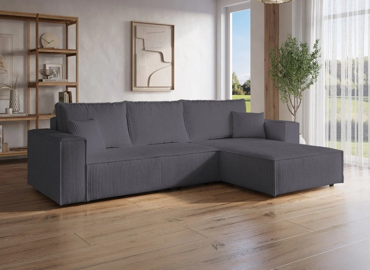 Canapé d'angle convertible et réversible avec coffre en velours cotelé gris anthracite - JADE