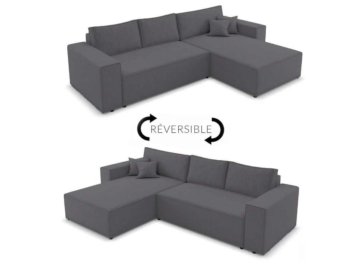Canapé d'angle convertible et réversible avec coffre en velours cotelé gris anthracite - JADE - Image 8