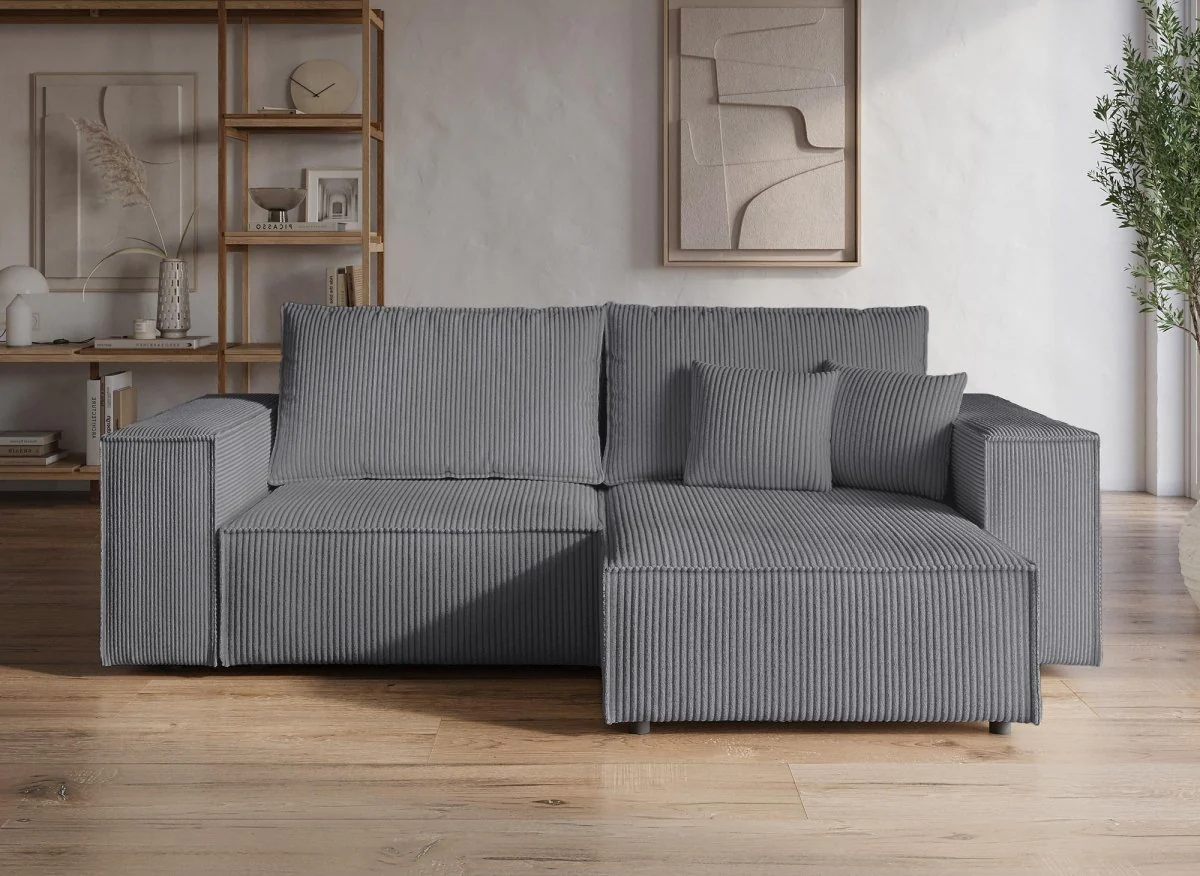 Canapé d'angle convertible et réversible avec coffre en velours côtelé gris anthracite JADE MINI - Image 3
