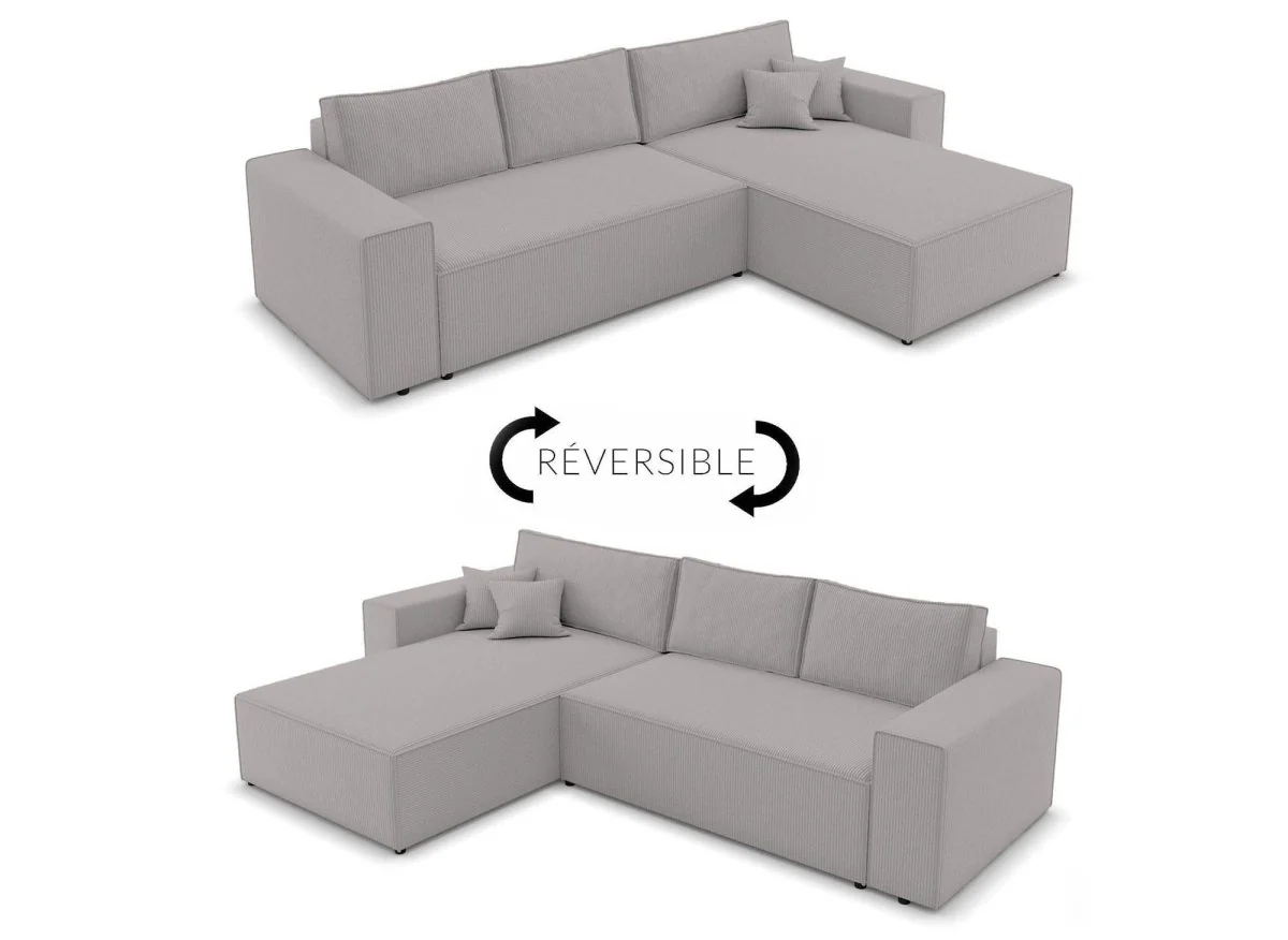 Canapé d'angle convertible et réversible avec coffre en velours cotelé gris clair - JADE - Image 8