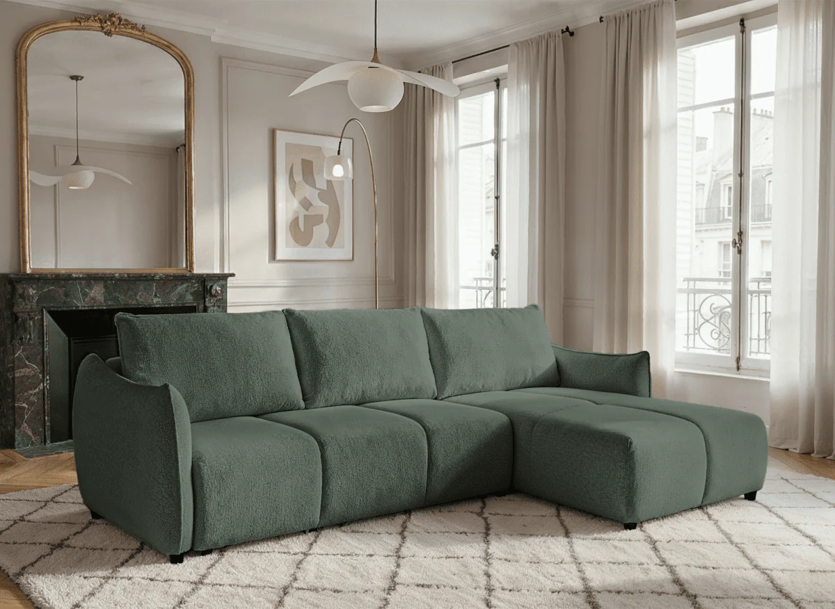 Canapé d'angle convertible et réversible en velours chiné vert olive MYSA