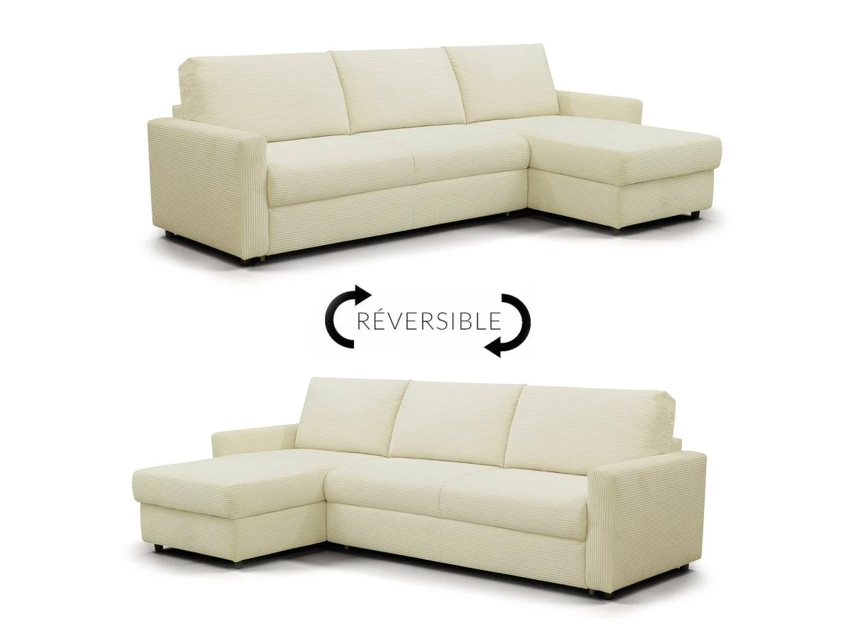 Canapé d'angle convertible et réversible ouverture express en velours côtelé beige JULIETTE - Image 9
