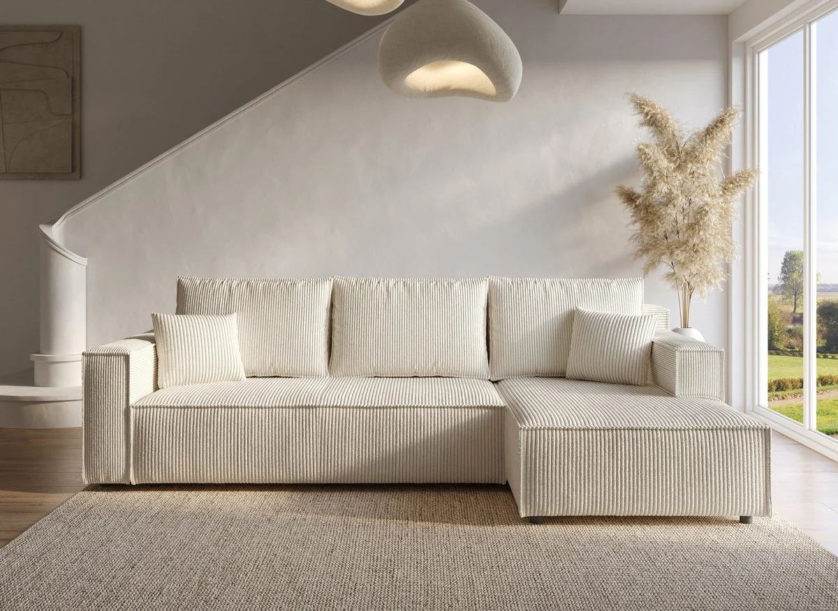 Canapé d'angle convertible réversible avec coffre en velours côtelé beige SYNA - Image 3
