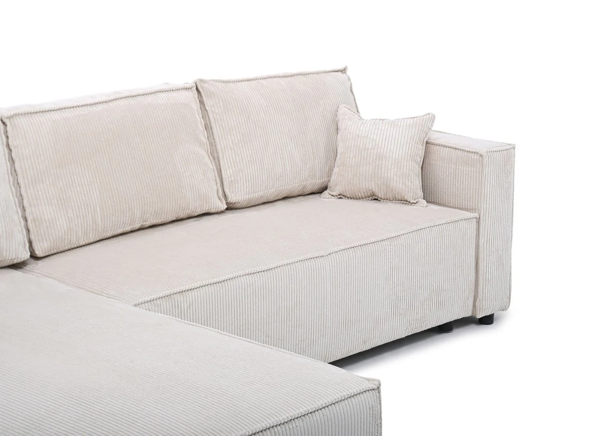 Canapé d'angle convertible réversible avec coffre en velours côtelé beige SYNA - Image 5