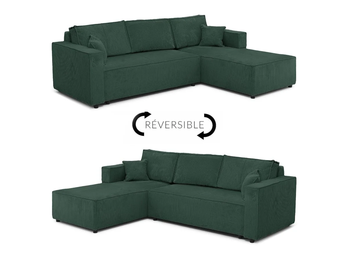 Canapé d'angle convertible réversible avec coffre en velours côtelé vert SYNA - Image 10
