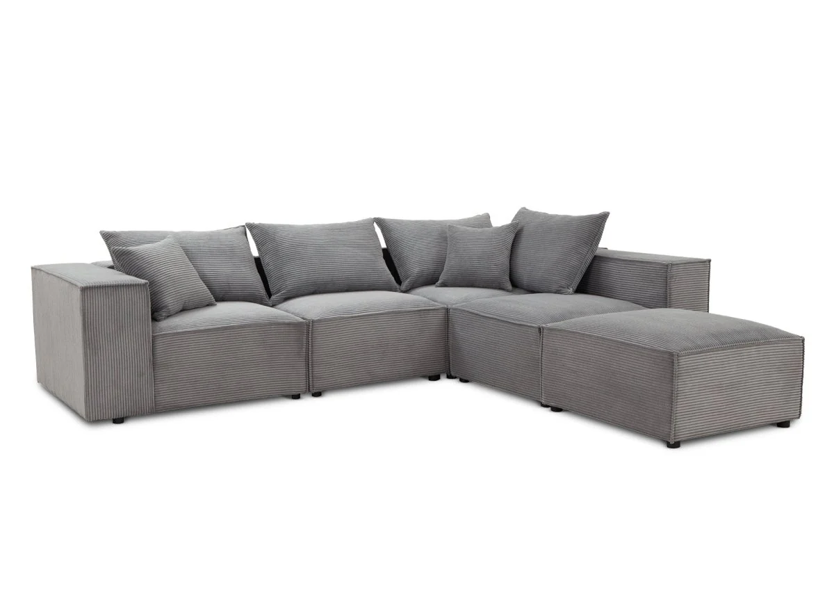Canapé d'angle modulable avec 1 pouf en velours côtelé épais gris HARLEM XL - Image 6