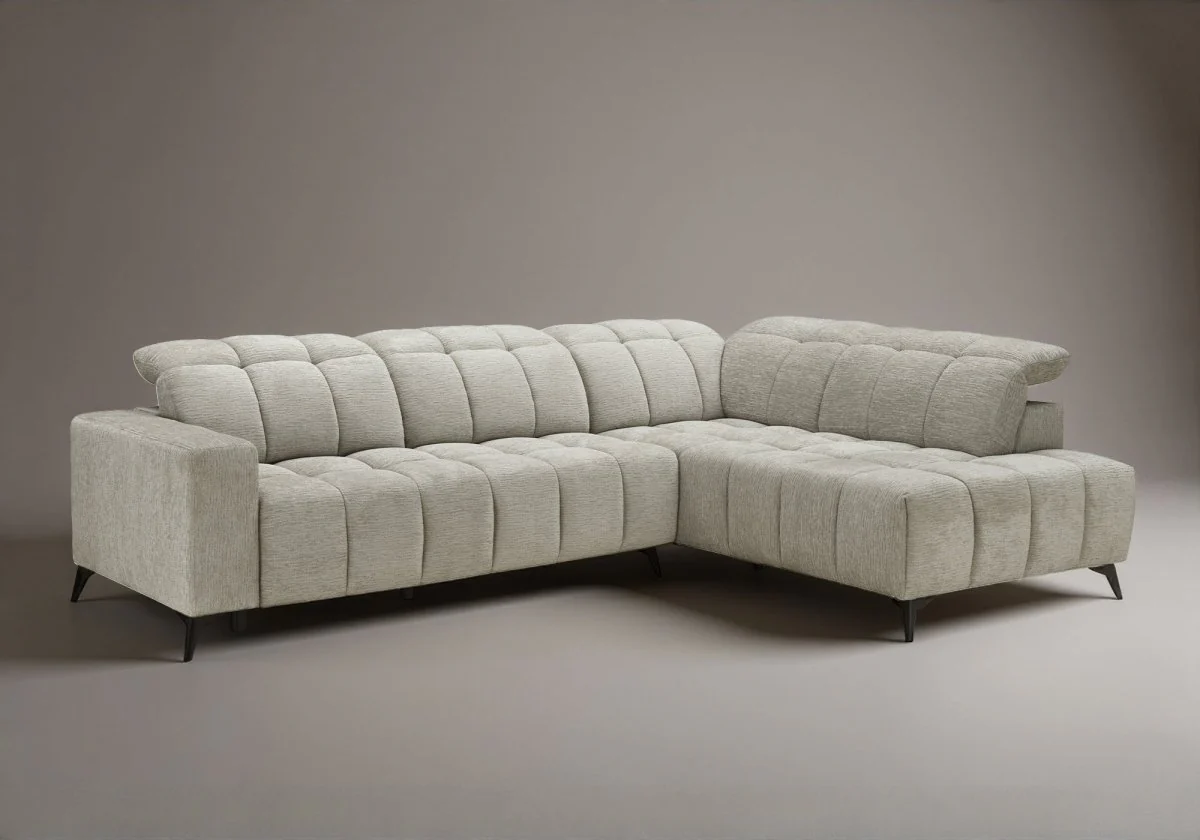 Canapé d'angle relax électrique en velours chiné beige ALVAR - Angle droit - Image 5