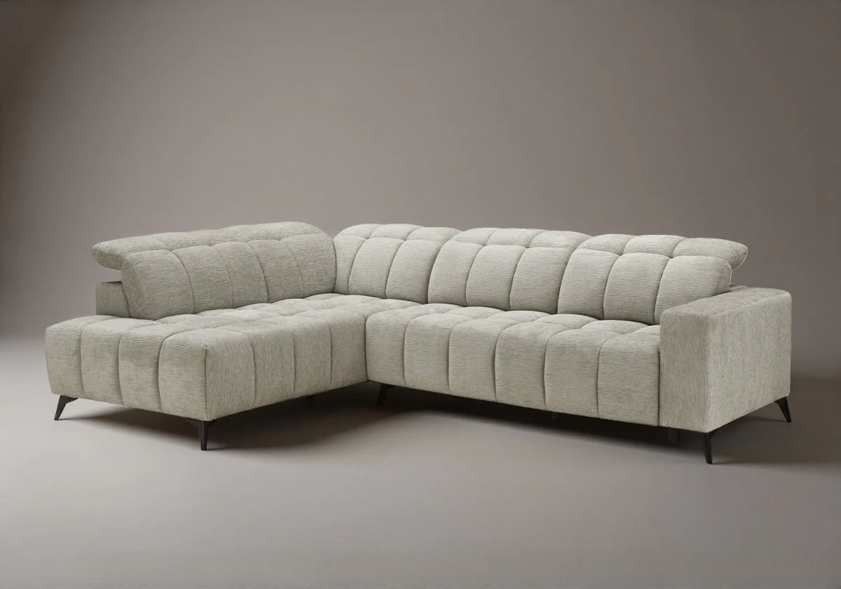 Canapé d'angle relax électrique en velours chiné beige ALVAR - Angle gauche - Image 5