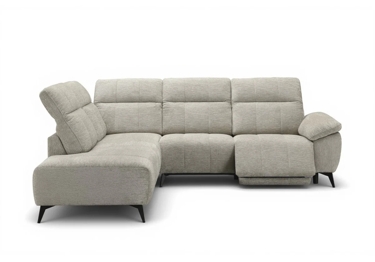 Canapé d'angle relax électrique en velours chiné beige SOLINA - Angle gauche - Image 3