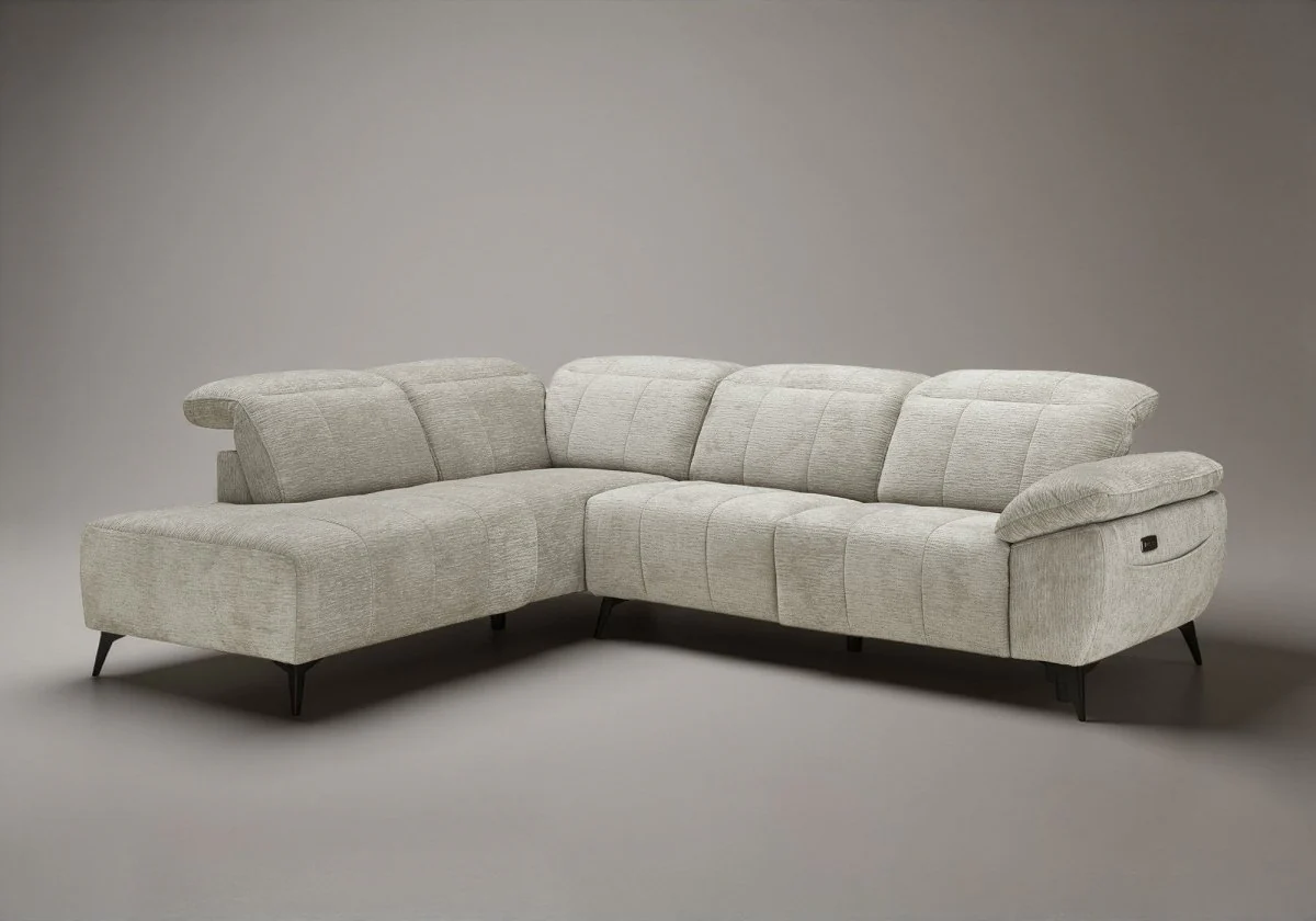 Canapé d'angle relax électrique en velours chiné beige SOLINA - Angle gauche - Image 4
