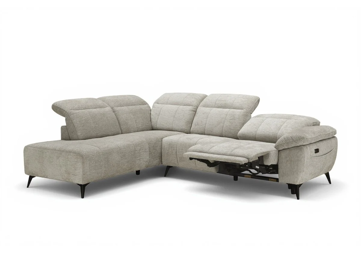 Canapé d'angle relax électrique en velours chiné beige SOLINA - Angle gauche - Image 5