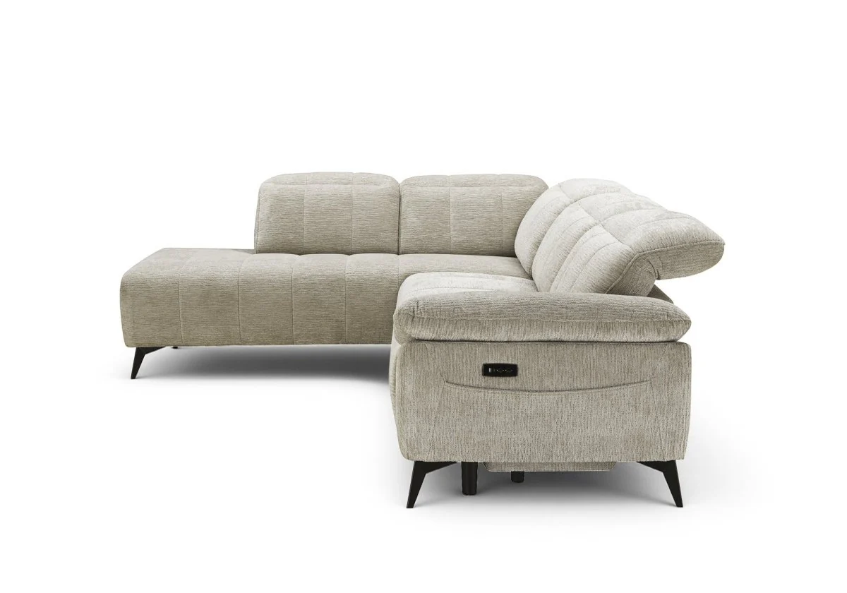 Canapé d'angle relax électrique en velours chiné beige SOLINA - Angle gauche - Image 8