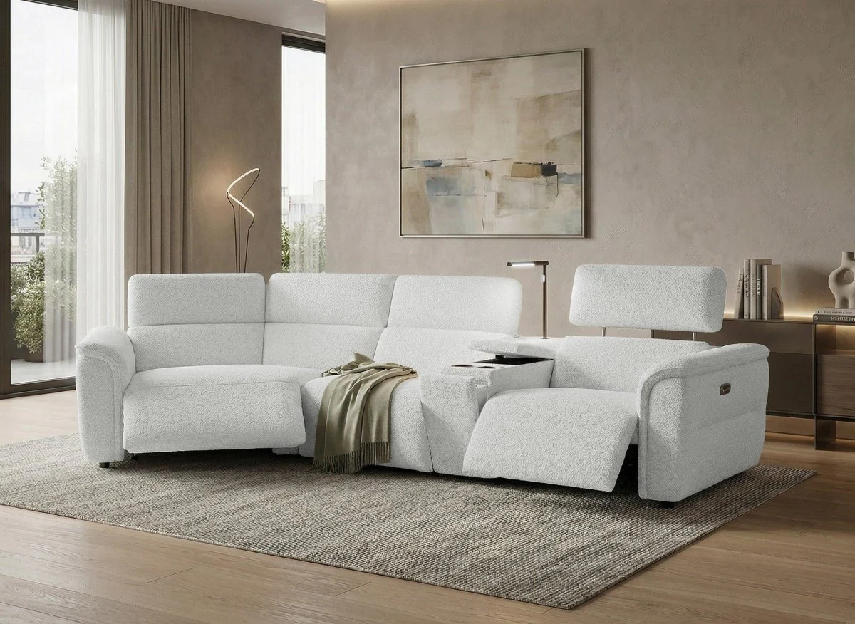 Canapé d'angle relax en tissu bouclette doux beige MARINA - Angle gauche - Image 2