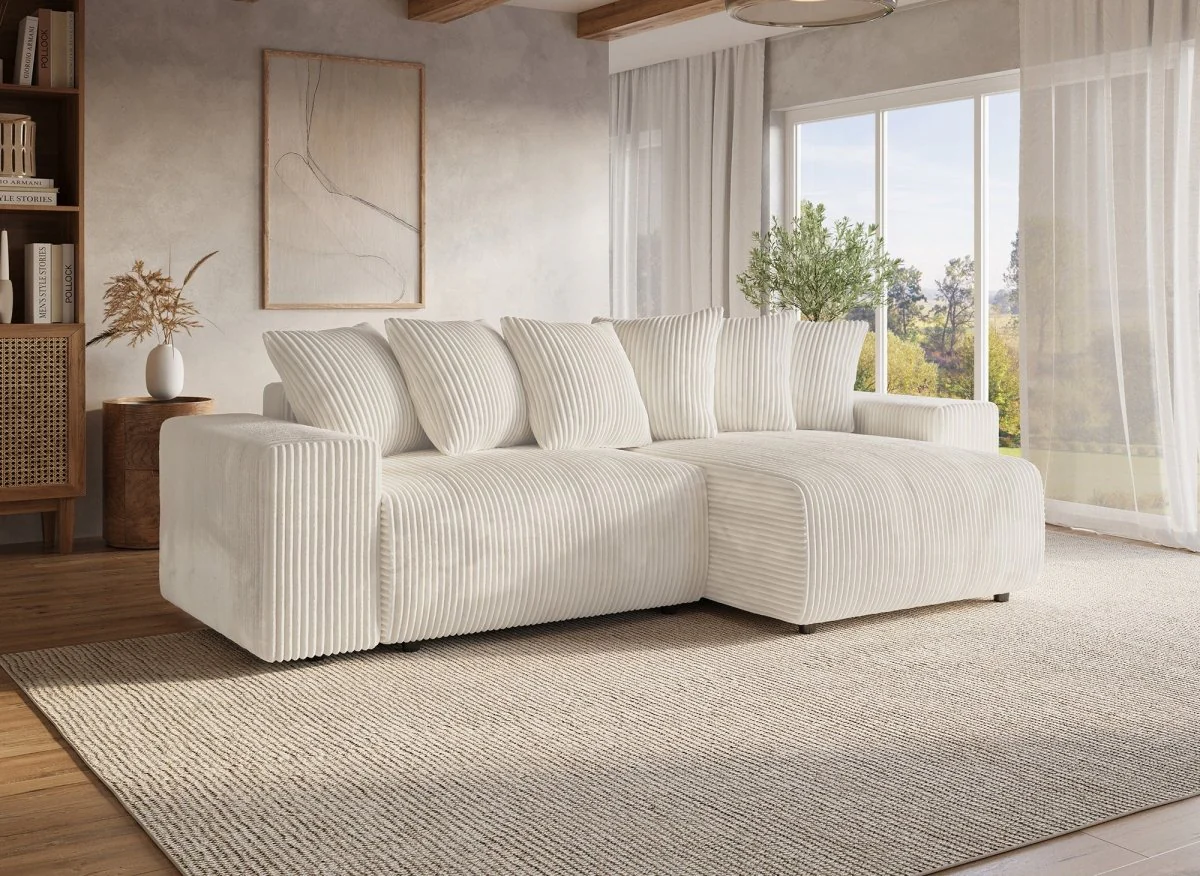 Canapé d'angle réversible convertible avec coffre en velours côtelé épais beige NOELIA