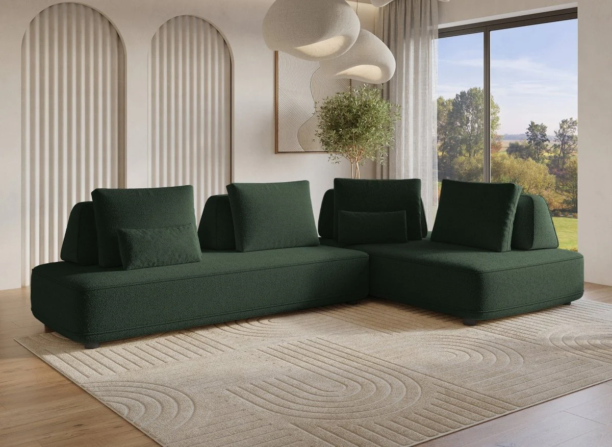 Canapé d'angle réversible en tissu bouclette vert kaki ISAORA