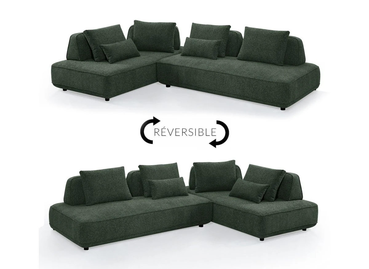 Canapé d'angle réversible en tissu bouclette vert kaki ISAORA - Image 2