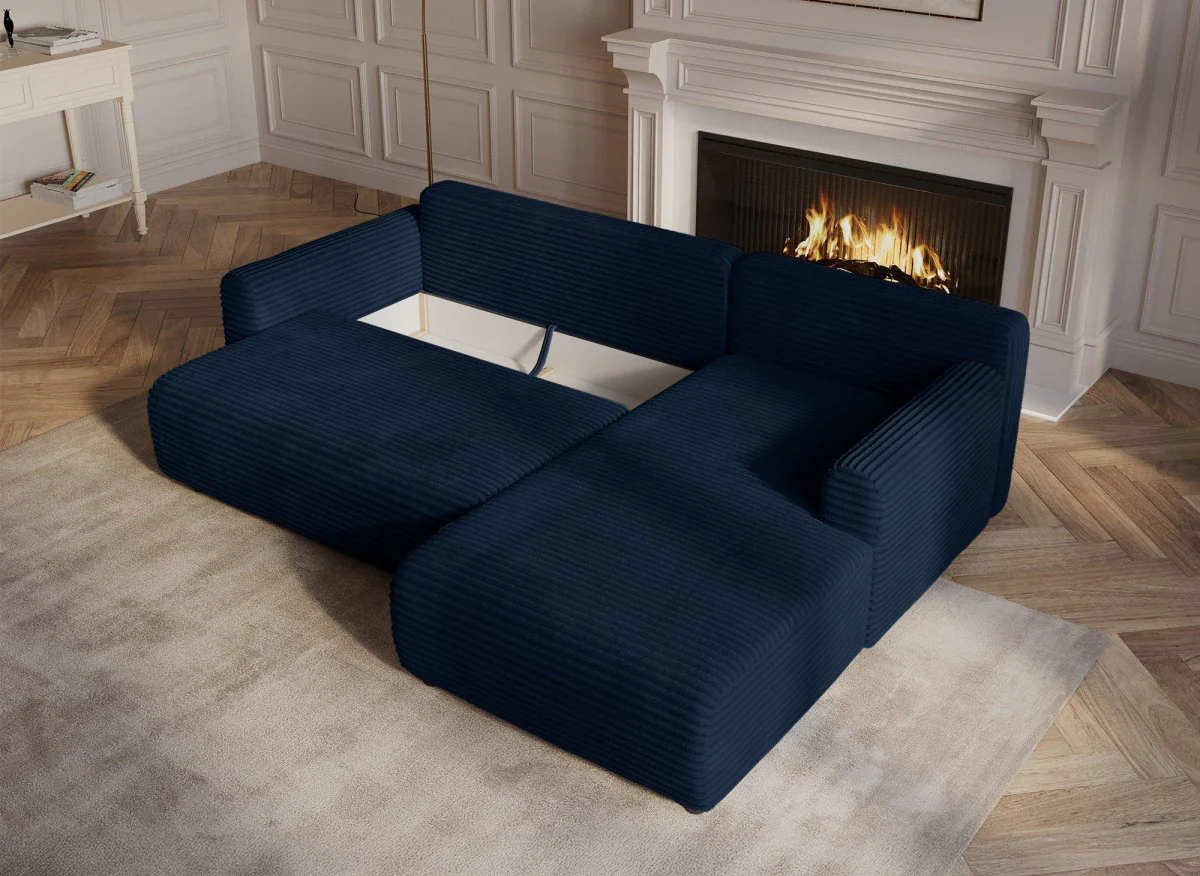 Canapé d'angle réversible et convertible avec coffre en velours côtelé épais bleu foncé KATIA - Image 3