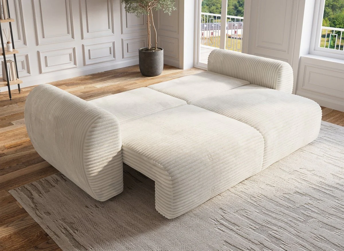 Canapé convertible 3 places avec coffre en gros côtelé doux beige TILDA - Image 2