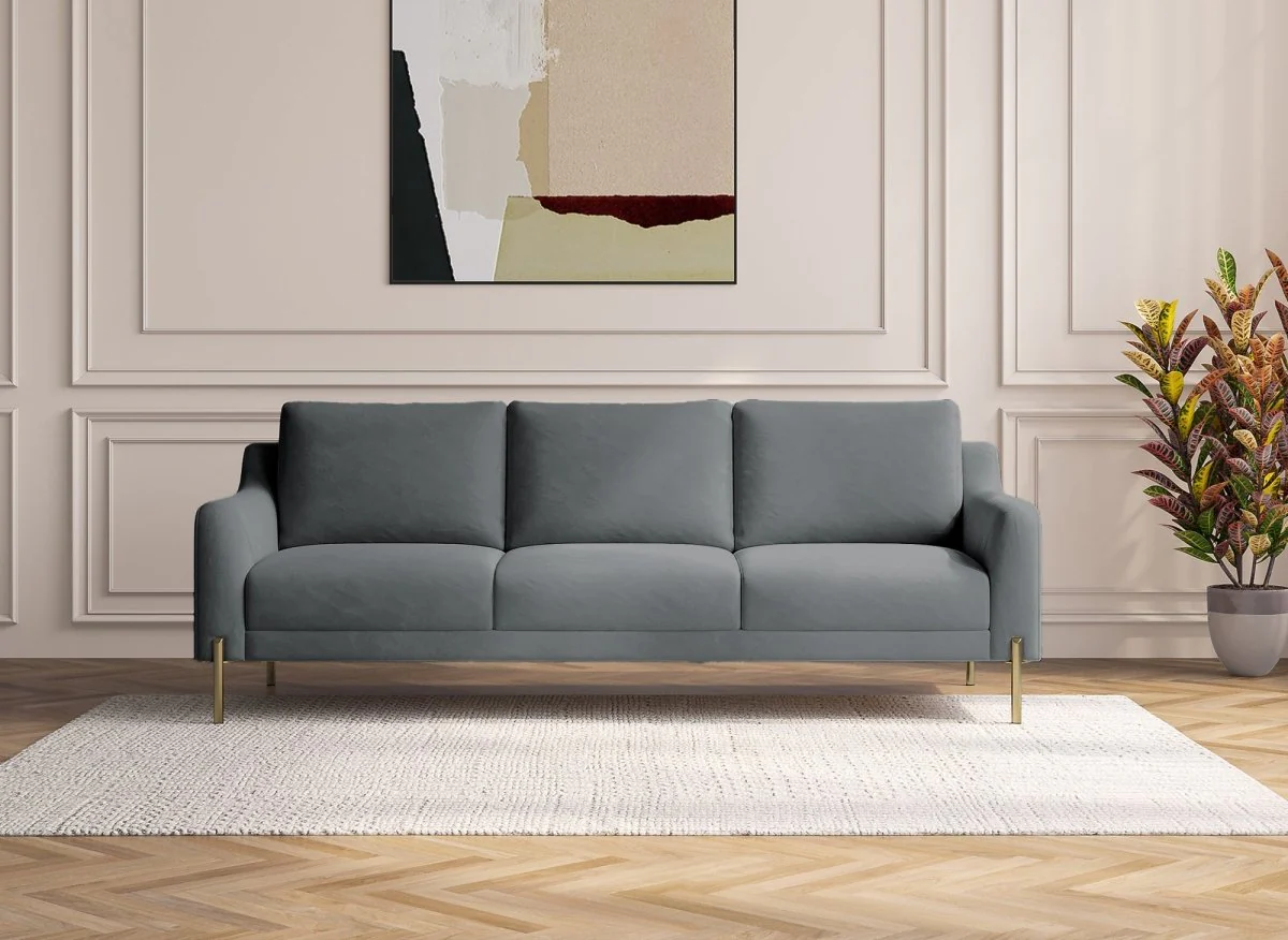 Canapé droit fixe 3 places en velours gris CELINE - Image 2