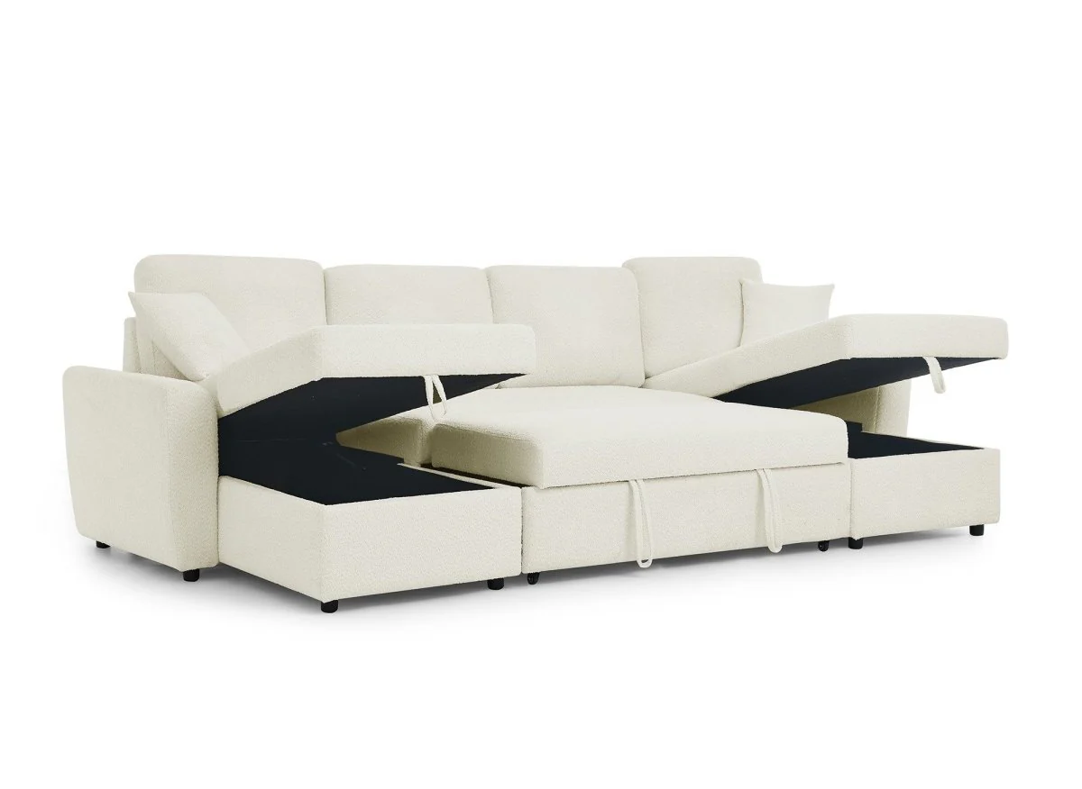 Canapé panoramique convertible avec coffres en tissu bouclette beige ADRYEN - Image 6
