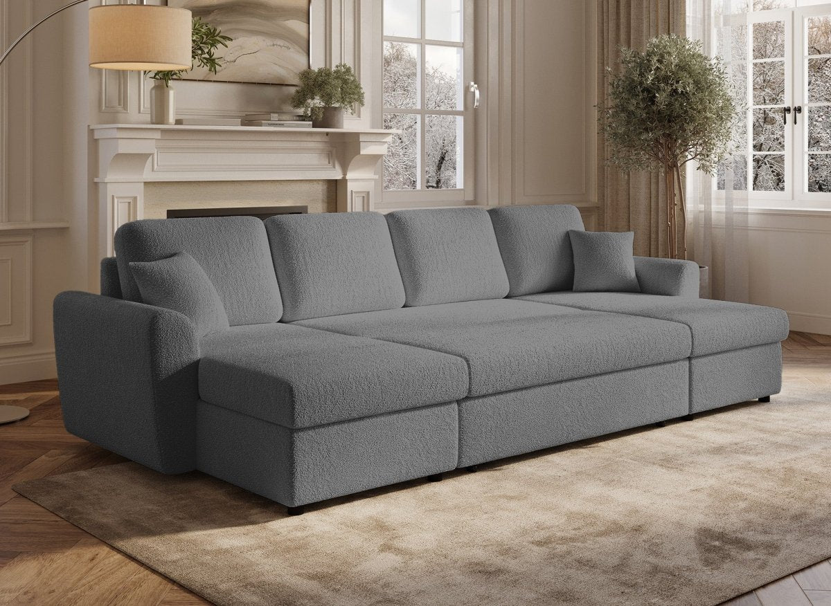 Canapé panoramique convertible avec coffres en tissu bouclette gris ADRYEN - Image 3