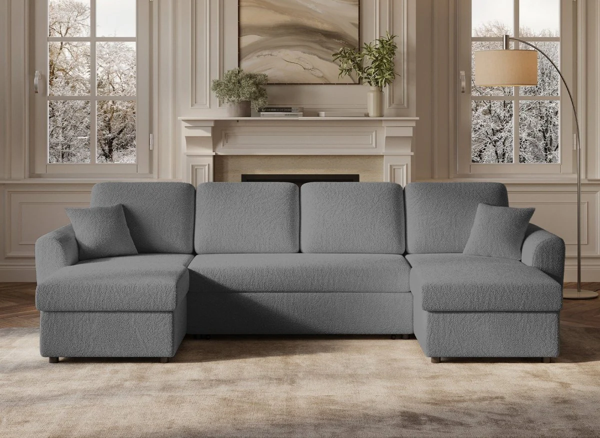 Canapé panoramique convertible avec coffres en tissu bouclette gris ADRYEN - Image 4