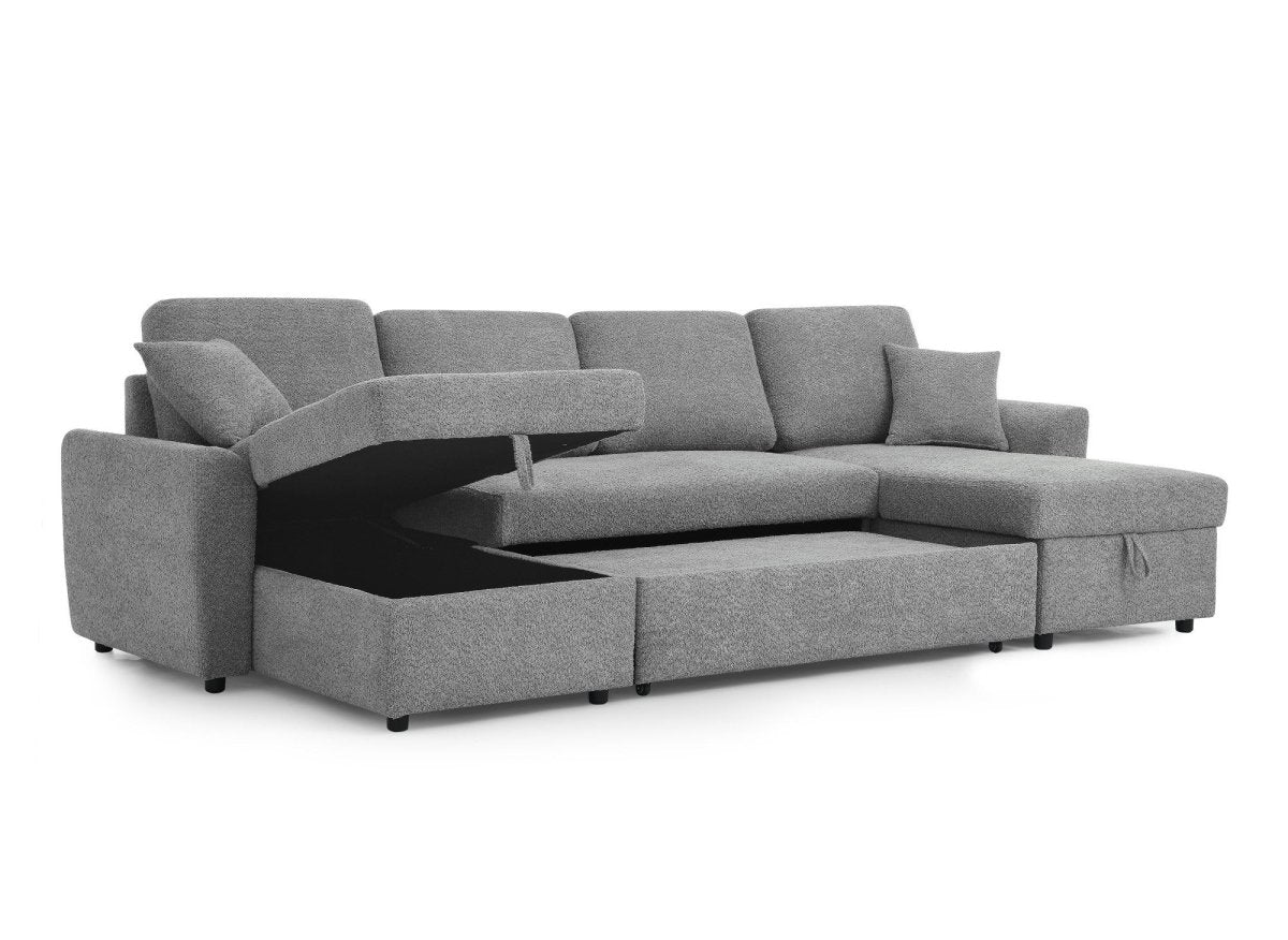 Canapé panoramique convertible avec coffres en tissu bouclette gris ADRYEN - Image 7
