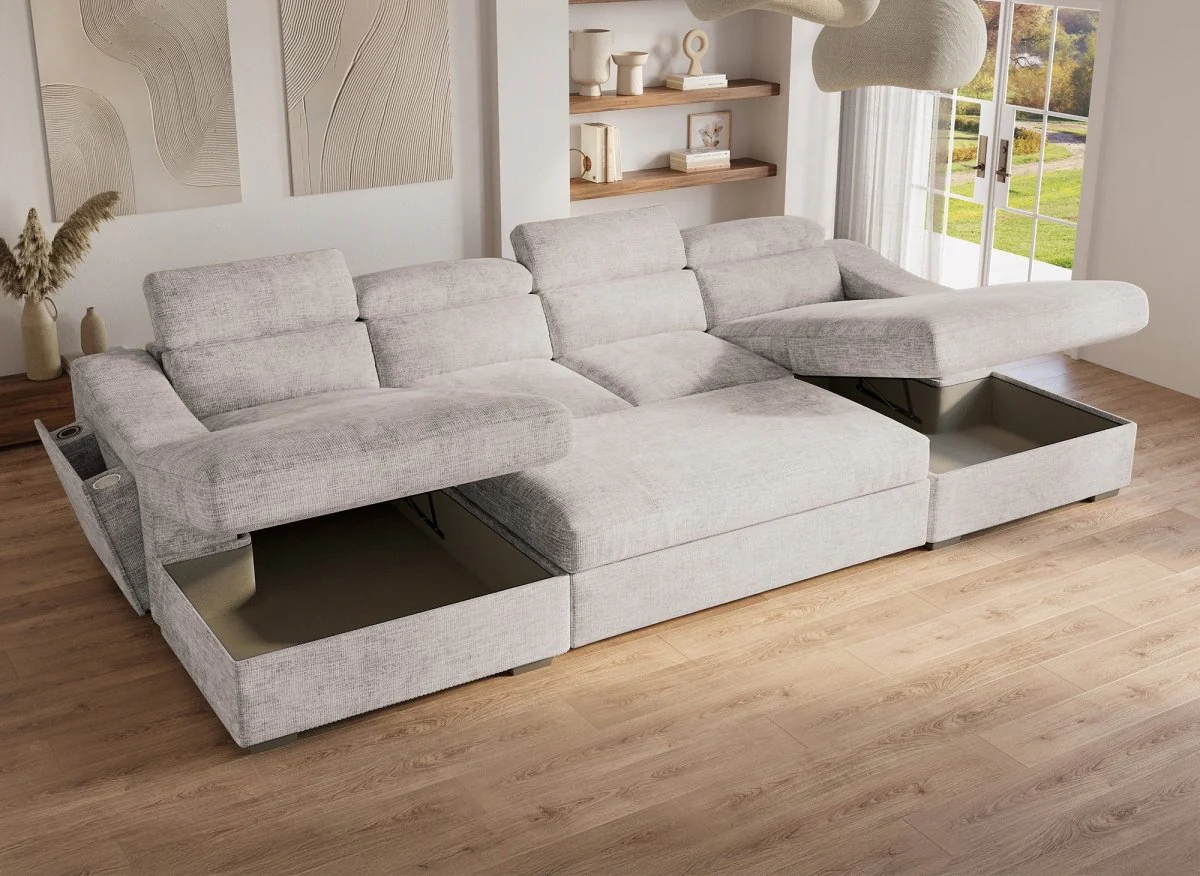 Canapé panoramique convertible avec 2 coffres en velours chiné beige VELORA - Image 2