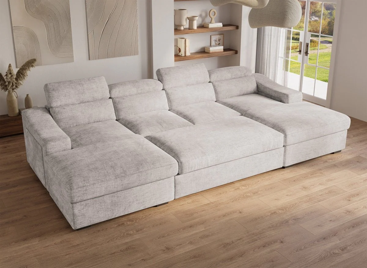Canapé panoramique convertible avec 2 coffres en velours chiné beige VELORA - Image 3
