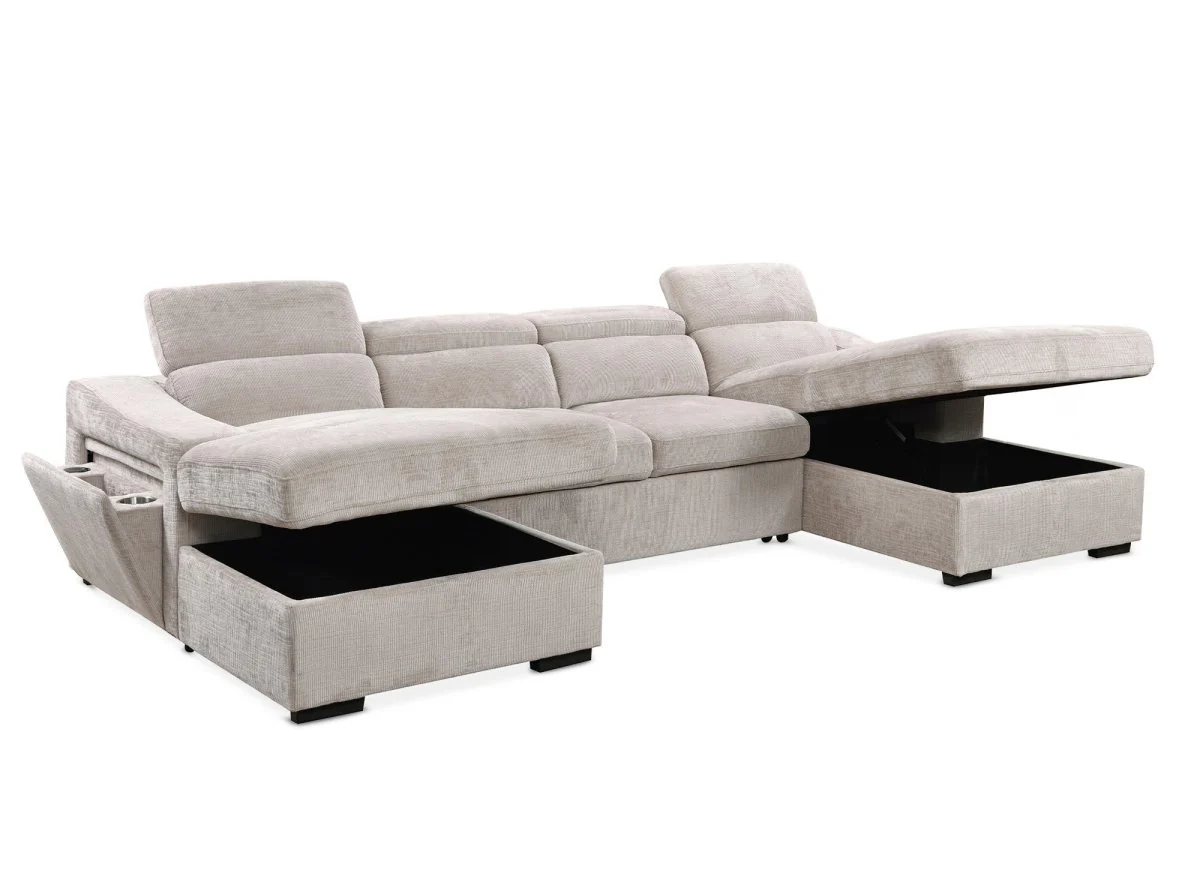 Canapé panoramique convertible avec 2 coffres en velours chiné beige VELORA - Image 4