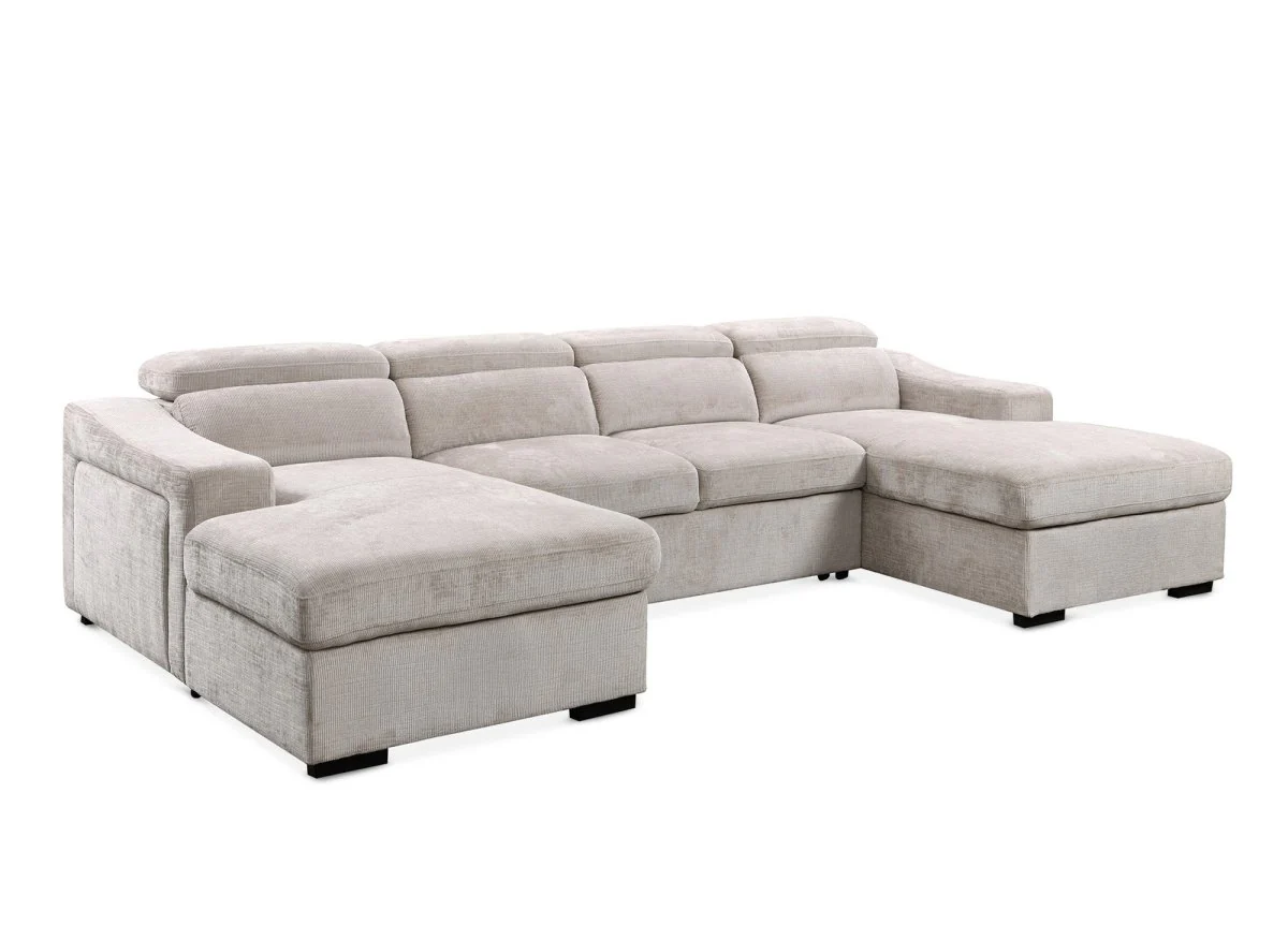 Canapé panoramique convertible avec 2 coffres en velours chiné beige VELORA - Image 5
