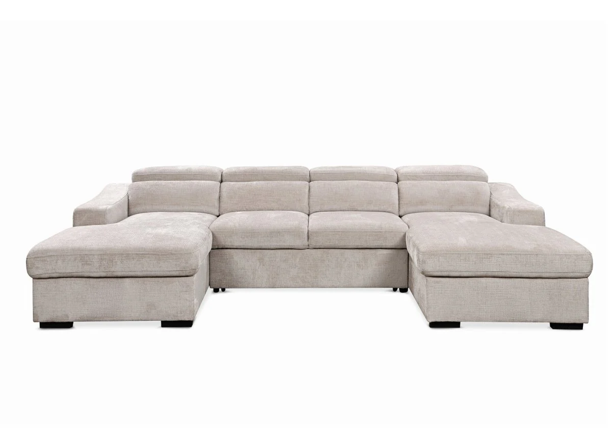 Canapé panoramique convertible avec 2 coffres en velours chiné beige VELORA - Image 6