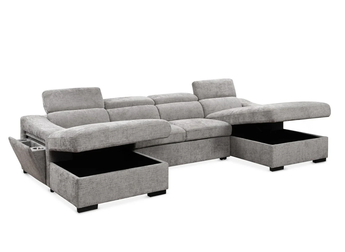 Canapé panoramique convertible avec 2 coffres en velours chiné gris VELORA - Image 5