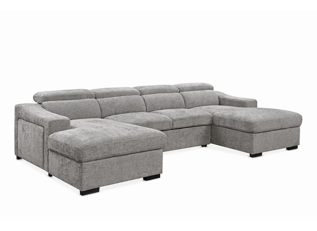 Canapé panoramique convertible avec 2 coffres en velours chiné gris VELORA - Image 6