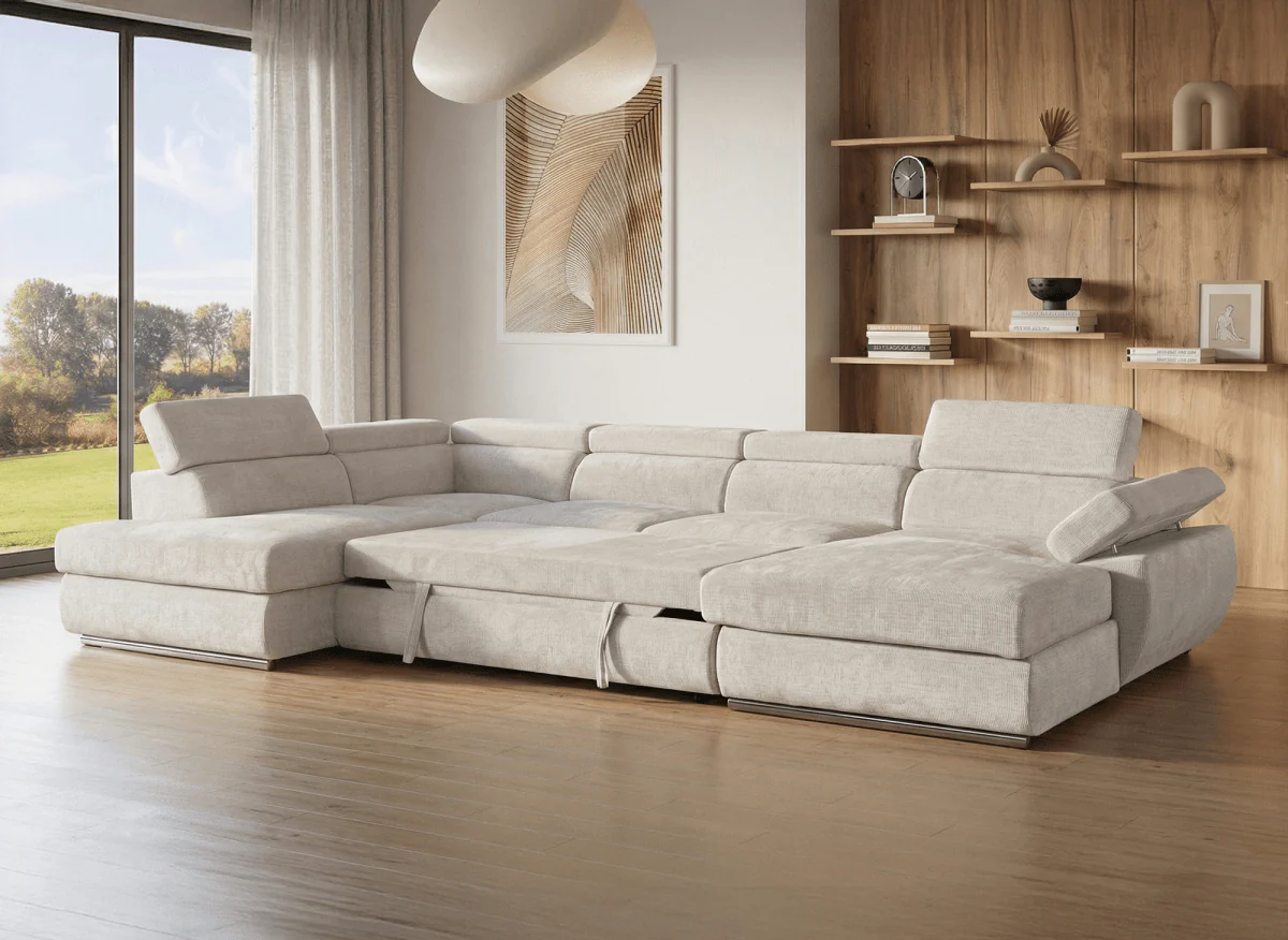 Canapé panoramique convertible avec coffre en velours chiné beige MARIANO- Angle droit - Image 2