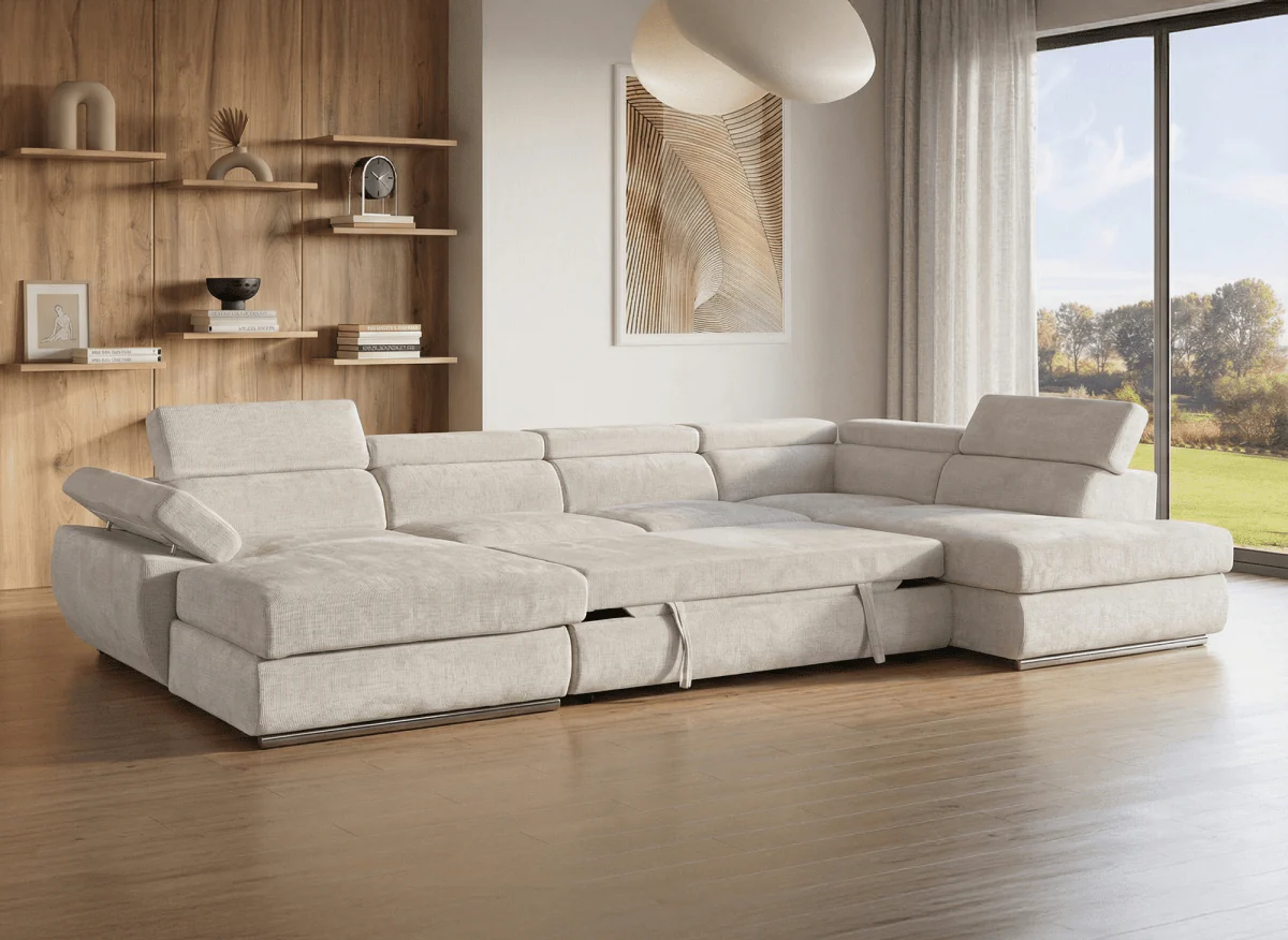 Canapé panoramique convertible avec coffre en velours chiné beige MARIANO- Angle gauche - Image 2