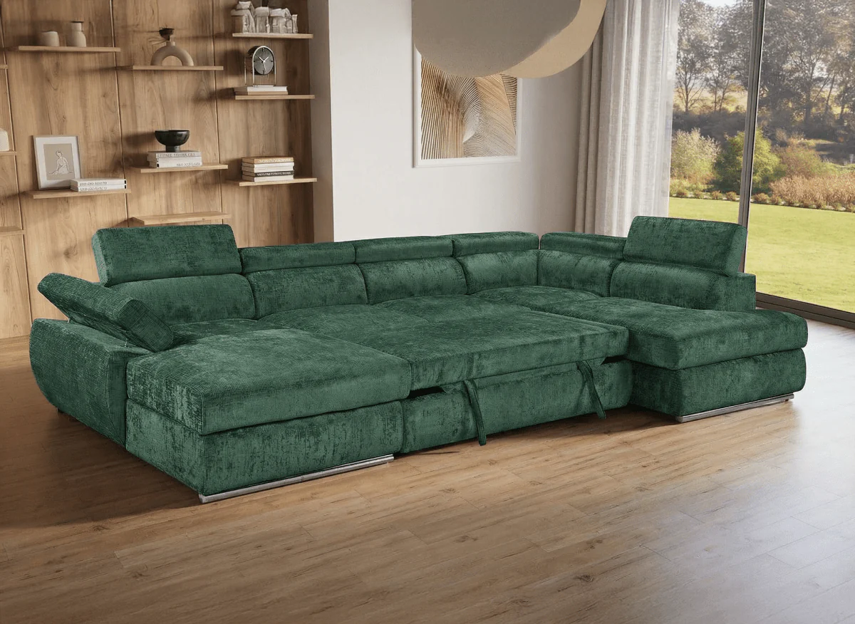 Canapé panoramique convertible avec coffre en velours chiné vert olive MARIANO- Angle gauche - Image 2