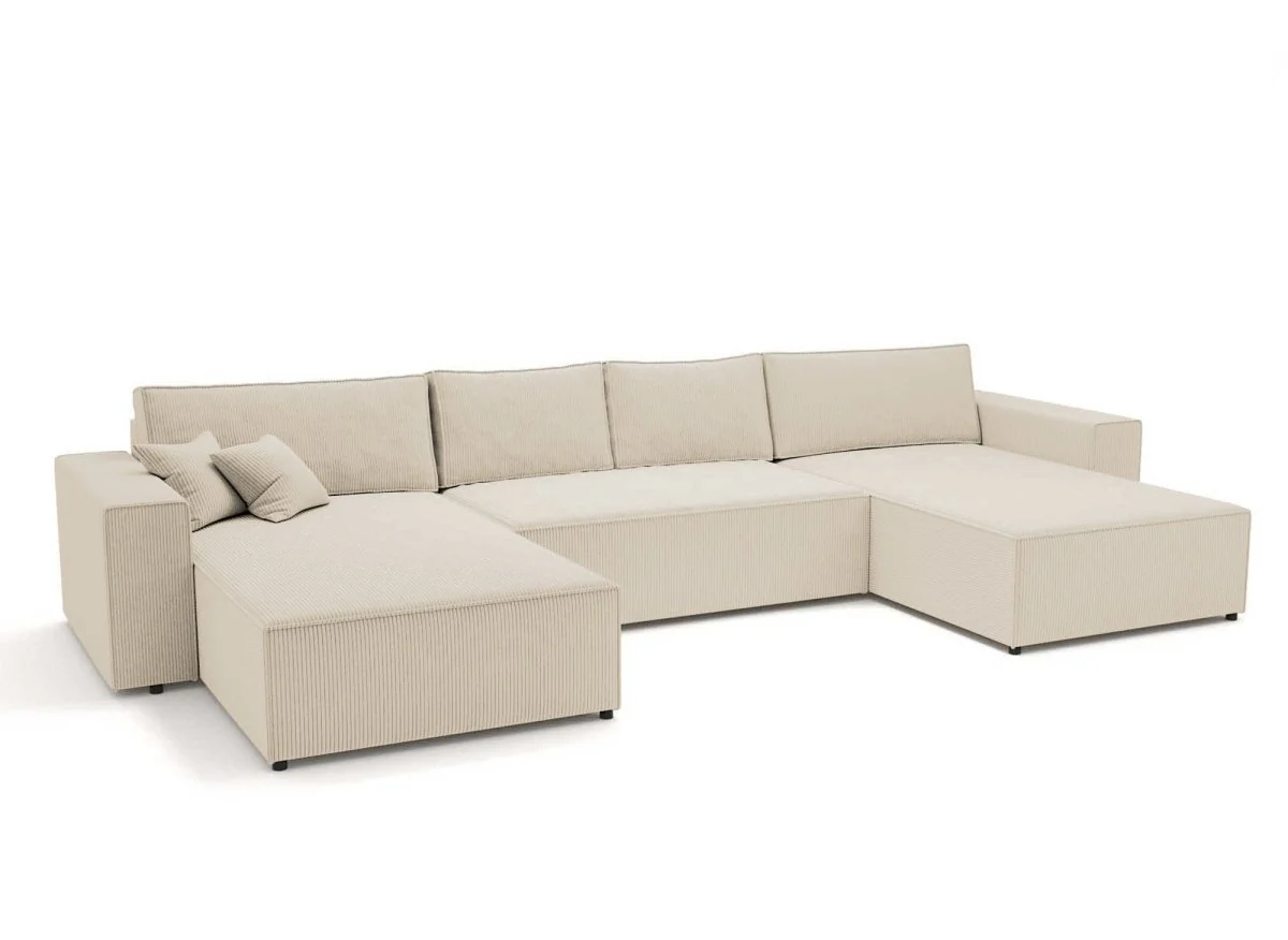 Canapé panoramique convertible avec coffre en velours côtelé beige - JADE - Image 4