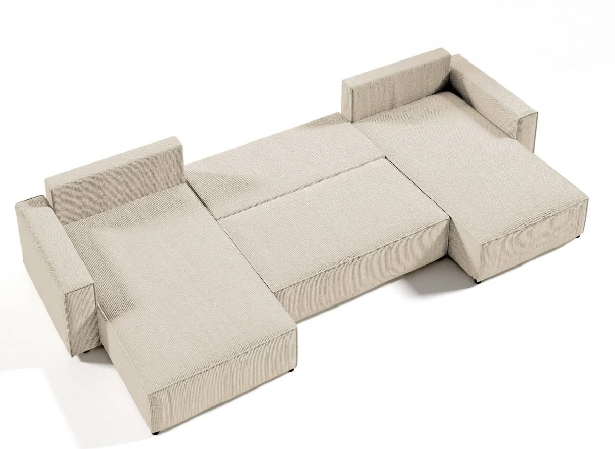 Canapé panoramique convertible avec coffre en velours côtelé beige - JADE - Image 5