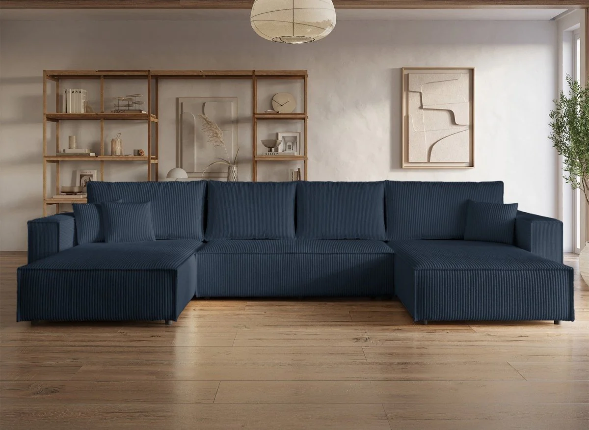 Canapé panoramique convertible avec coffre en velours cotelé bleu foncé - JADE - Image 3