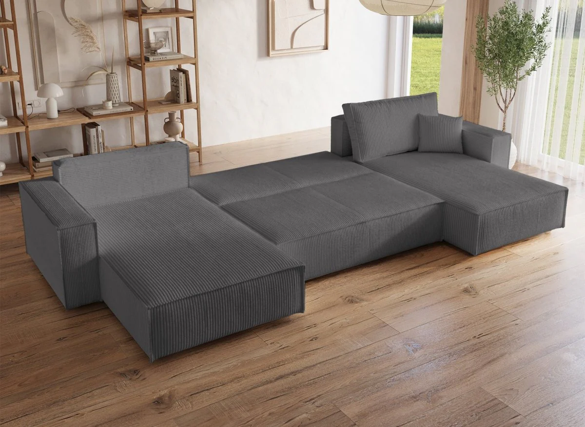 Canapé panoramique convertible avec coffre en velours cotelé gris anthracite - JADE - Image 2