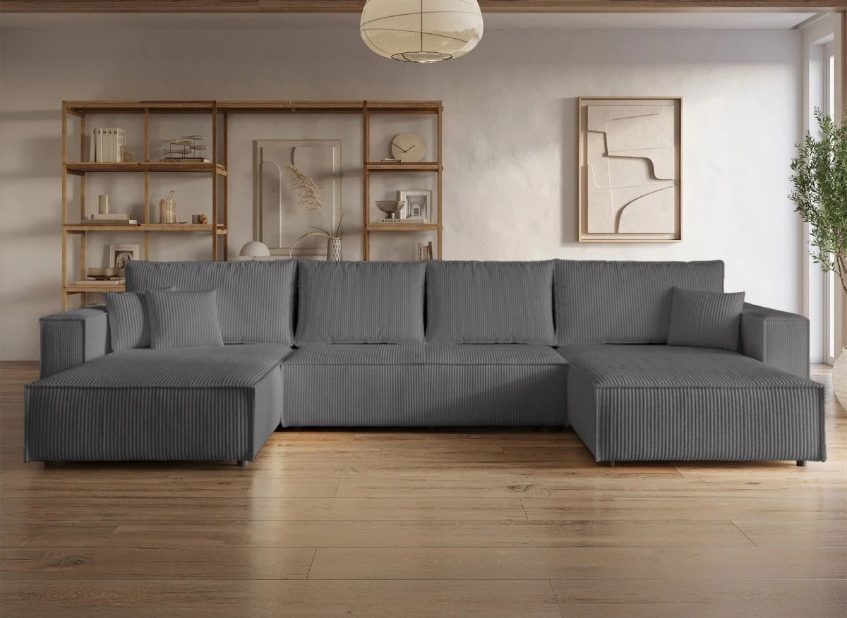 Canapé panoramique convertible avec coffre en velours cotelé gris anthracite - JADE - Image 3
