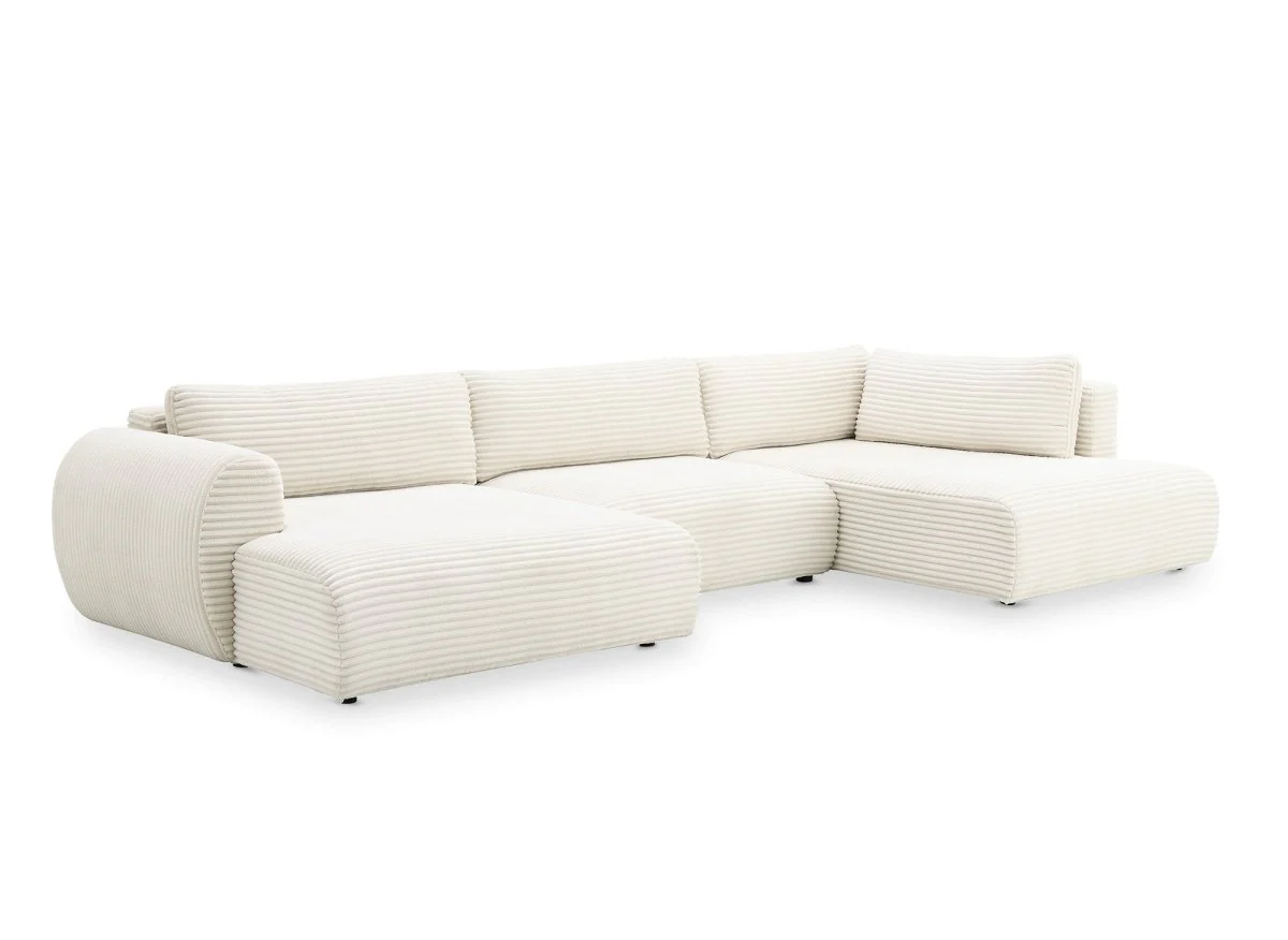 Canapé panoramique convertible avec coffre en velours gros côtelé beige TILDA - Angle droit - Image 4