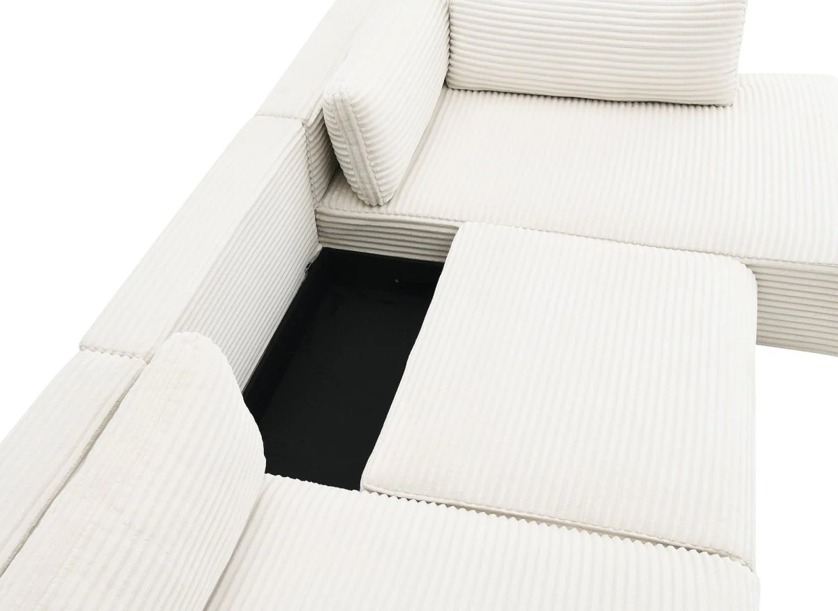 Canapé panoramique convertible avec coffre en velours gros côtelé beige TILDA - Angle droit - Image 9