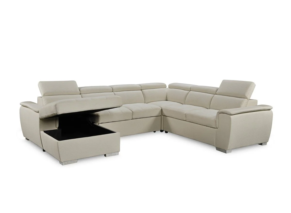Canapé panoramique convertible coffre de rangement en tissu beige GAELLE - Angle Gauche - Image 5