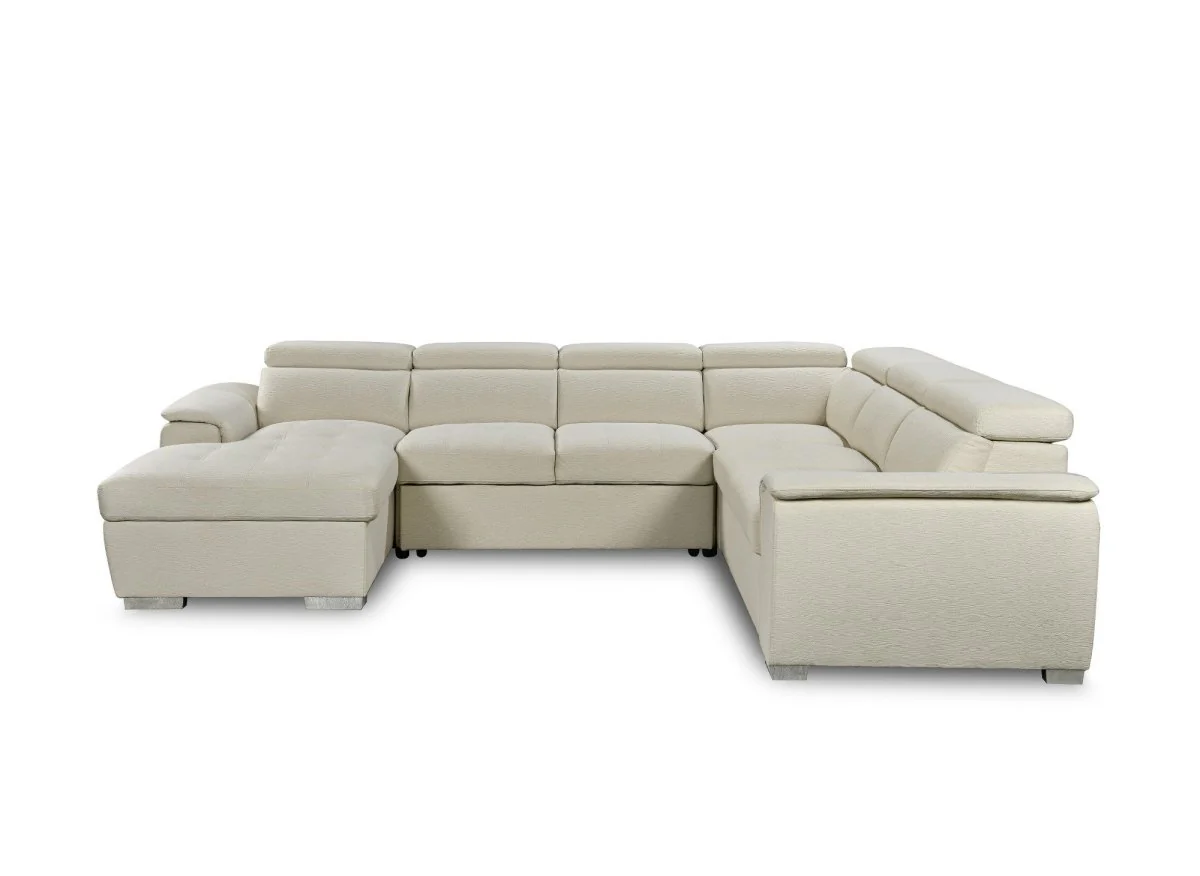Canapé panoramique convertible coffre de rangement en tissu beige GAELLE - Angle Gauche - Image 8